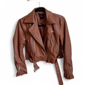 Brown Leather Biker Jacket with Belt